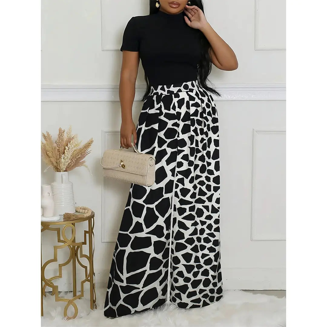 Crew Neck Short Sleeve Top High Waist Long Pants Set