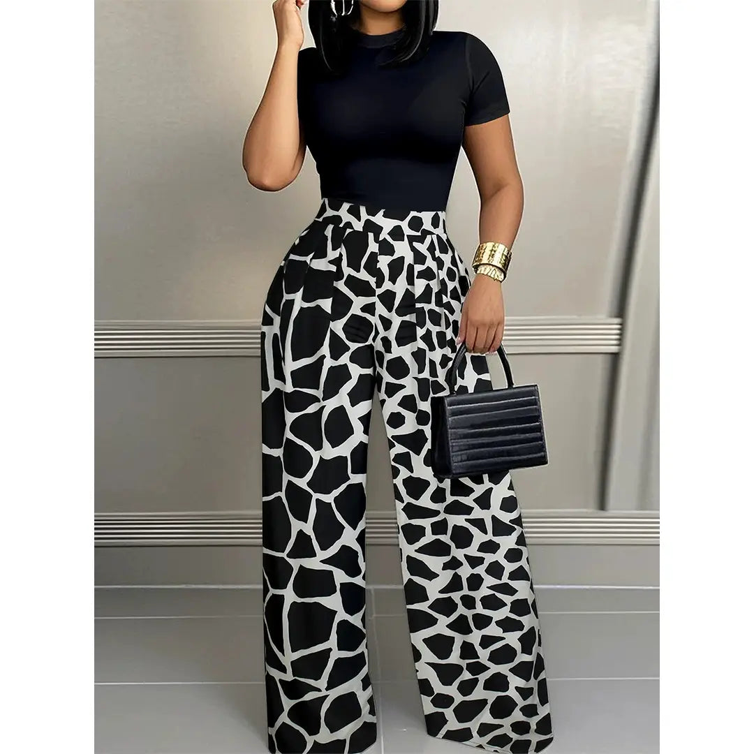 Crew Neck Short Sleeve Top High Waist Long Pants Set