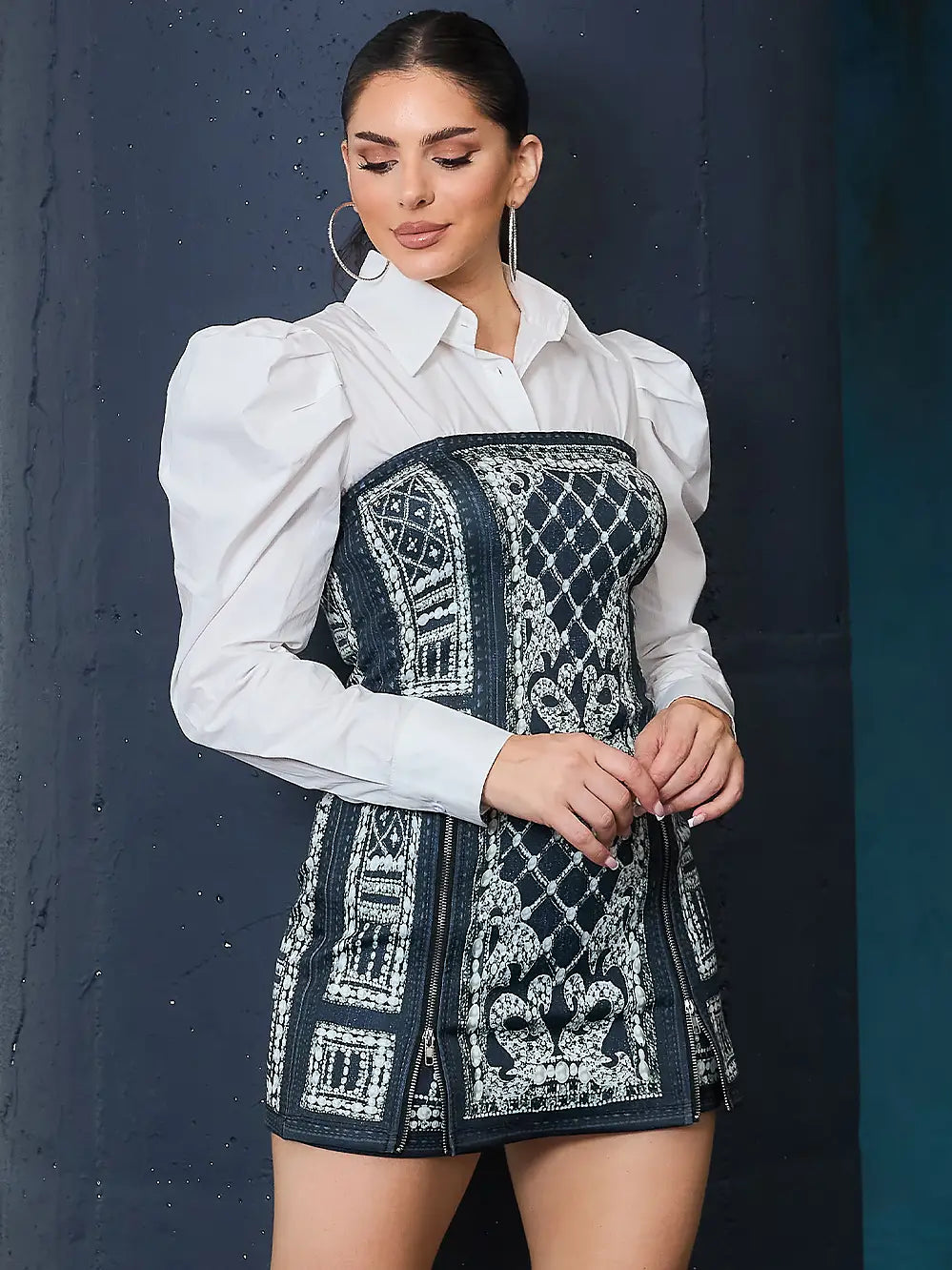 Leopard Denim Effect Chiffon Blouse & Skirt Set