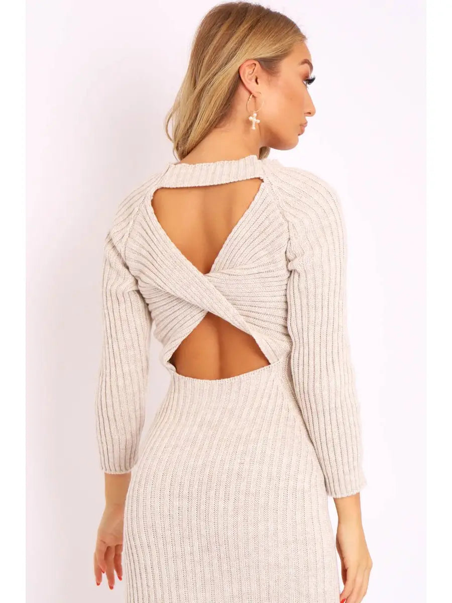 Beige Open Twist Back Maxi Bodycon Jumper Dress