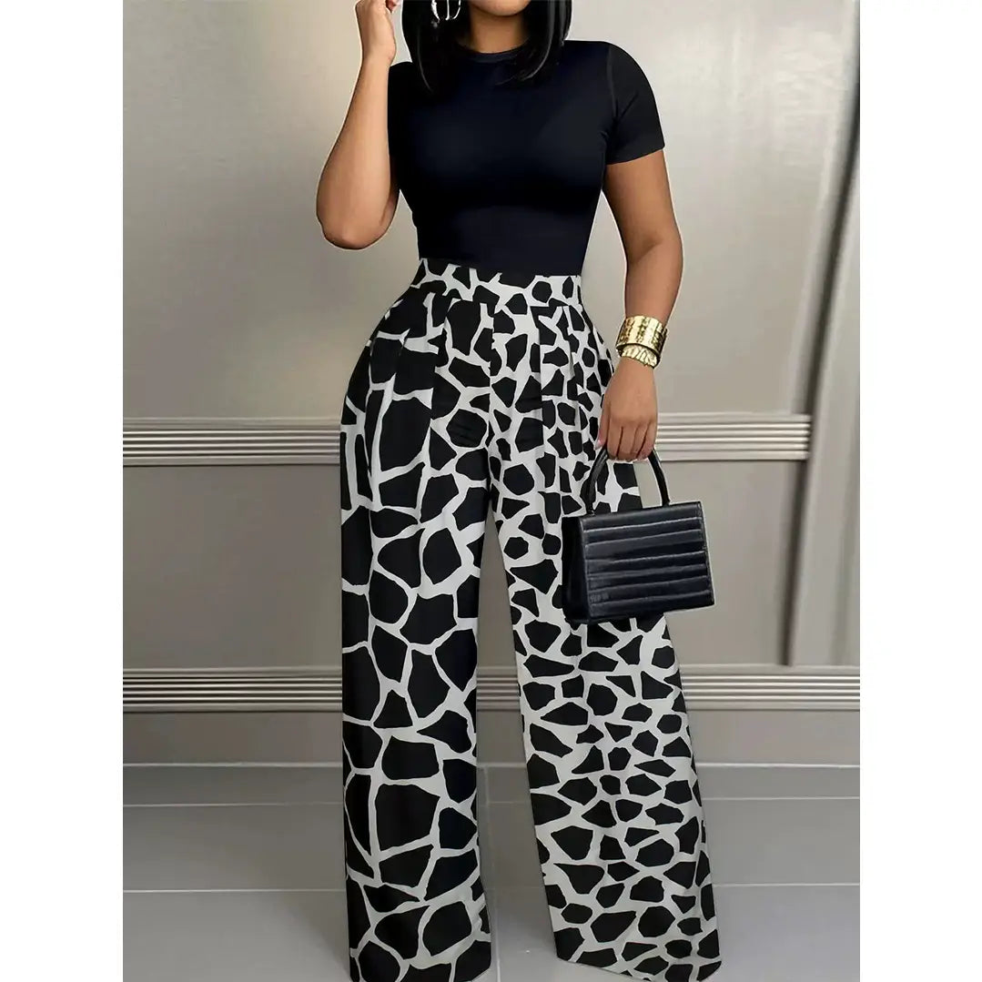 Crew Neck Short Sleeve Top High Waist Long Pants Set