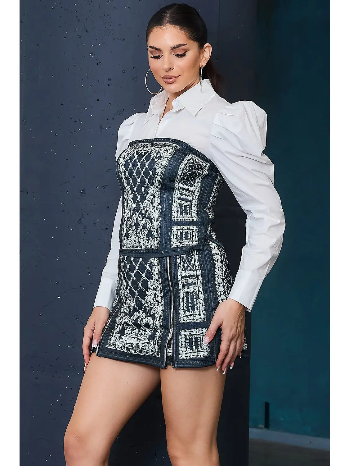 Leopard Denim Effect Chiffon Blouse & Skirt Set