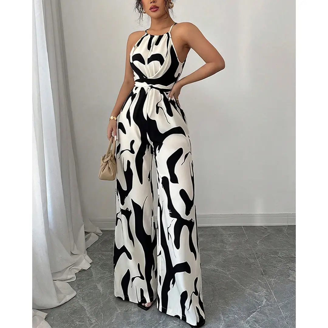 Zebra Print Cami Tie-Back Wide-Leg Jumpsuit