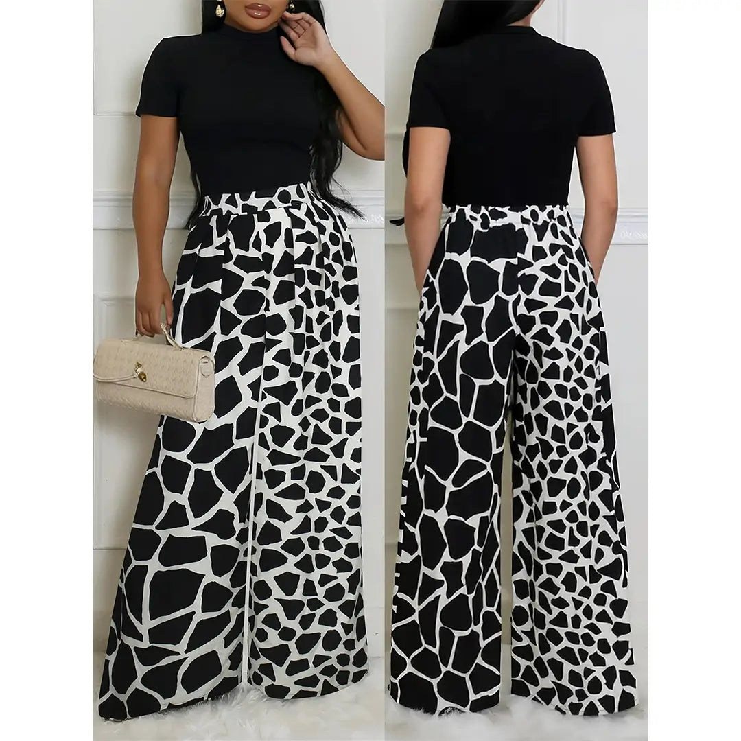 Crew Neck Short Sleeve Top High Waist Long Pants Set