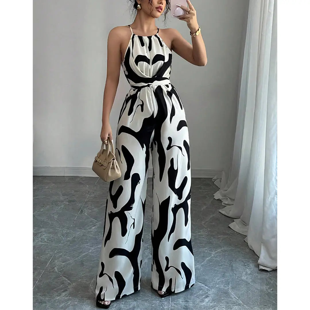 Zebra Print Cami Tie-Back Wide-Leg Jumpsuit