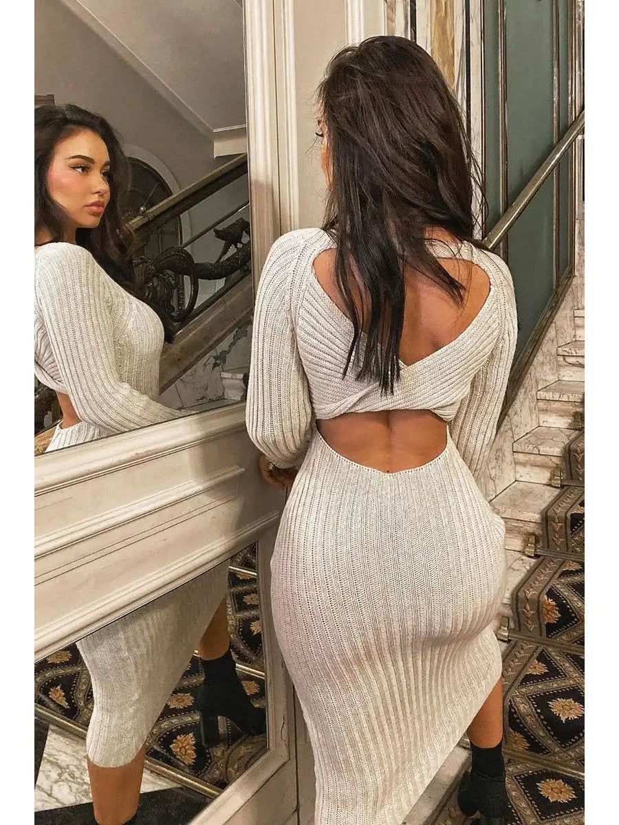 Beige Open Twist Back Maxi Bodycon Jumper Dress