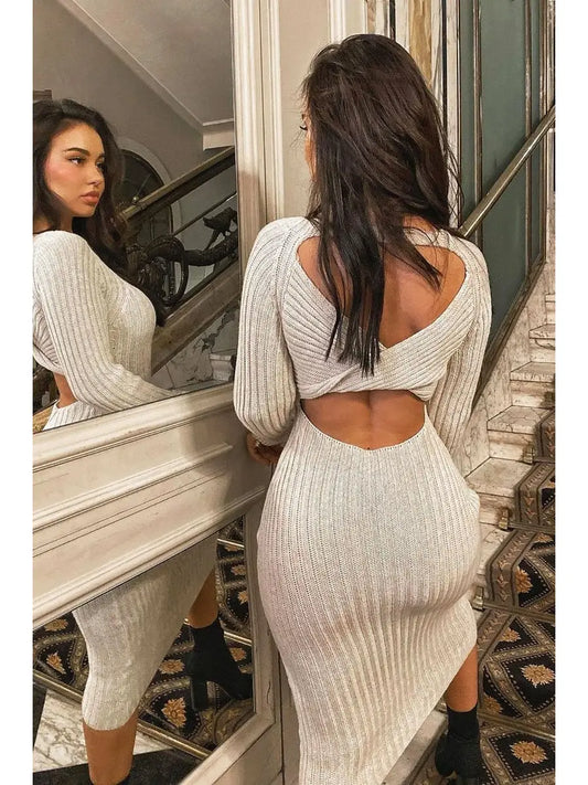 Beige Open Twist Back Maxi Bodycon Jumper Dress