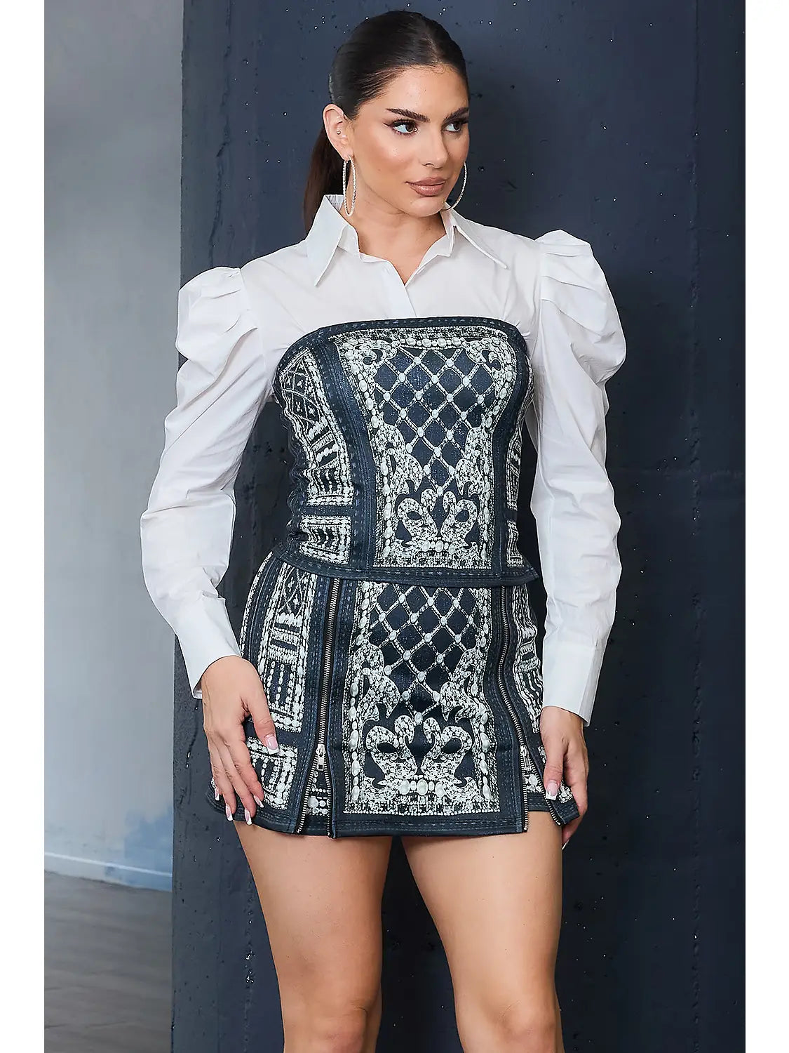 Leopard Denim Effect Chiffon Blouse & Skirt Set