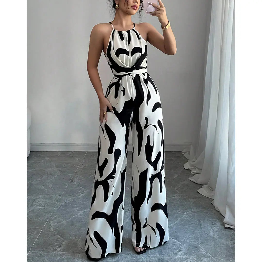 Zebra Print Cami Tie-Back Wide-Leg Jumpsuit