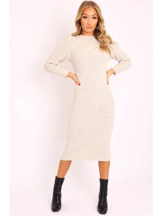 Beige Open Twist Back Maxi Bodycon Jumper Dress