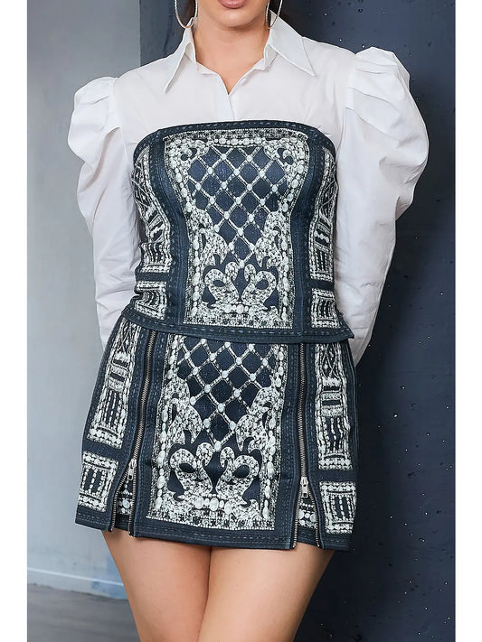Leopard Denim Effect Chiffon Blouse & Skirt Set