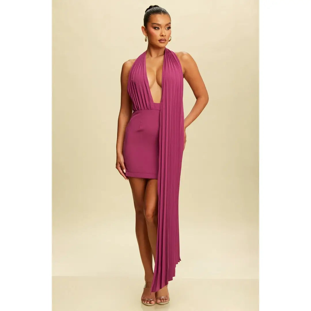 Woman wearing a magenta dress