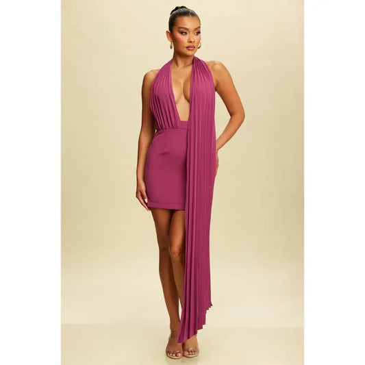 Woman wearing a magenta dress