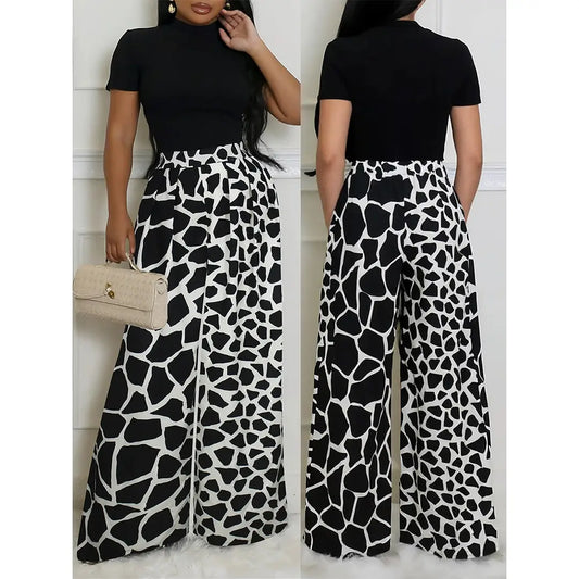 Crew Neck Short Sleeve Top High Waist Long Pants Set